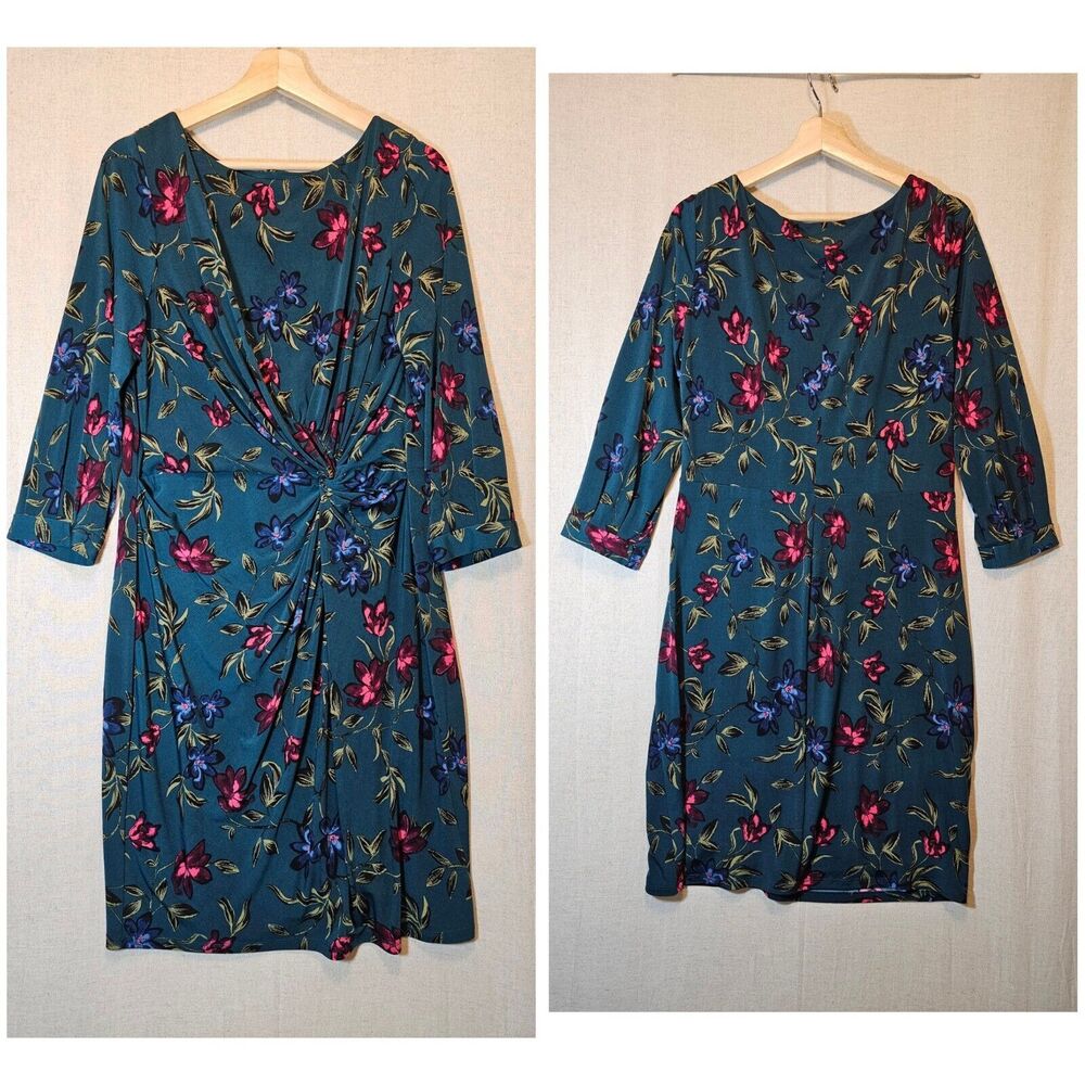 Lauren Ralph Lauren Women’s 16 Faux Wrap 3/4 Sleeve Teal Green Dark Floral Dress